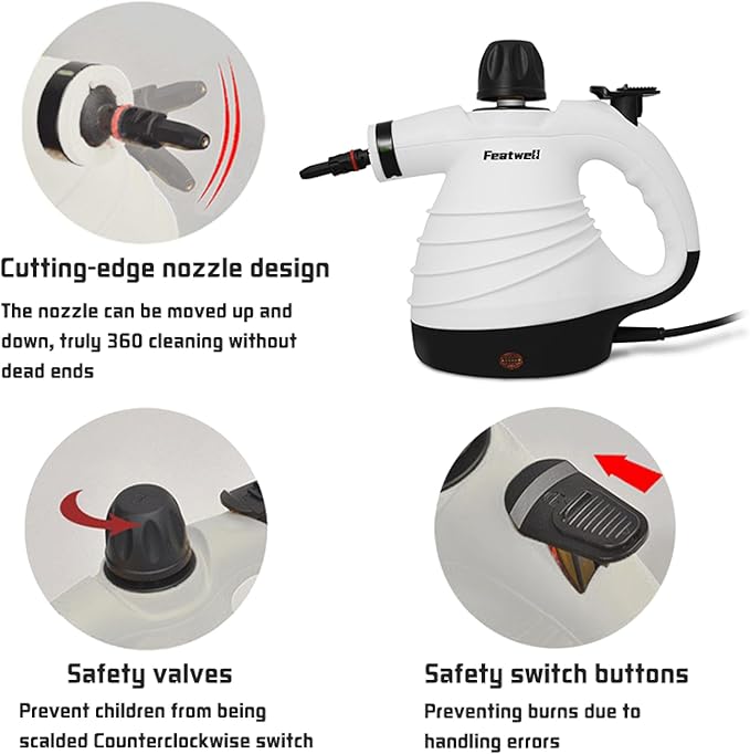 Featwell Handheld Steam Cleaner, Pressurized Portable Multi-Surface Steam Cleaner with 12 pcs Accessories, Multi-Purpose Portable Steamer for Cleaning Dirt, Grease, Tile, Floor, Couch, Car