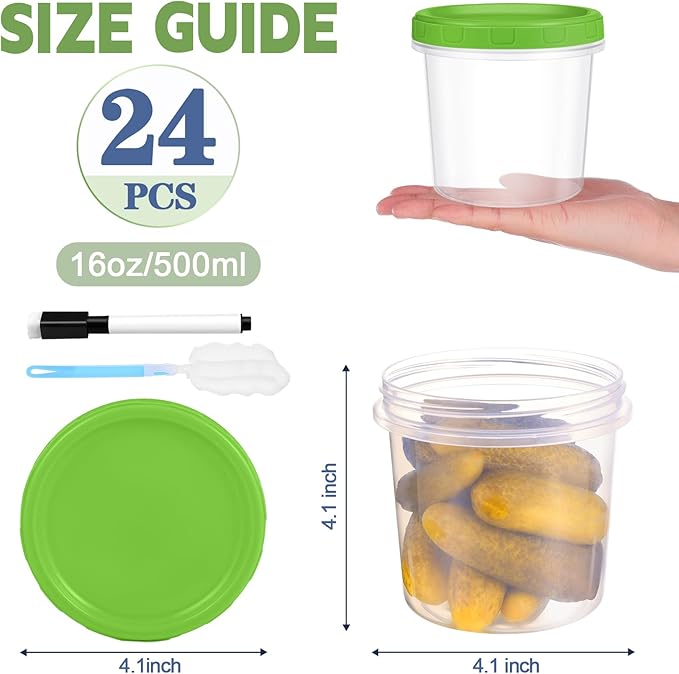 16 oz Plastic Deli Containers with Lids, 24 Pack Stackable Small Freezer Container, Reusable 2 Cup Food Storage Containers with Pen and Brush, Microwave & Dishwasher Safe, BPA Free