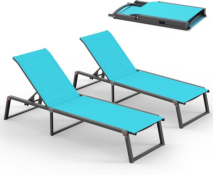 Aluminum Chaise Lounge Chair Outdoor, Foldable& No Assembly Patio Pool Lounge Chairs 5-Position Recliner for Outside, Fully Grounded Legs Sun Lounger for Poolside, Lake Blue, 2 Pack