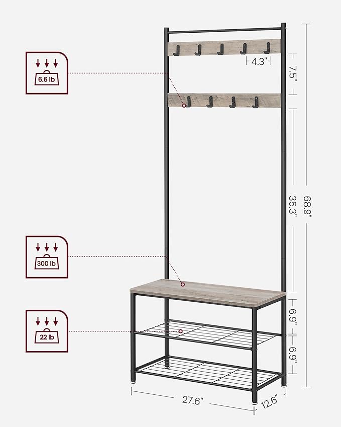 VASAGLE Coat Rack, Hall Tree with Shoe Storage Bench, Entryway Bench with Shoe Storage, 3-in-1, Steel Frame, for Entryway, 12.6 x 27.6 x 68.9 Inches, Industrial, Greige and Black UHSR41MB