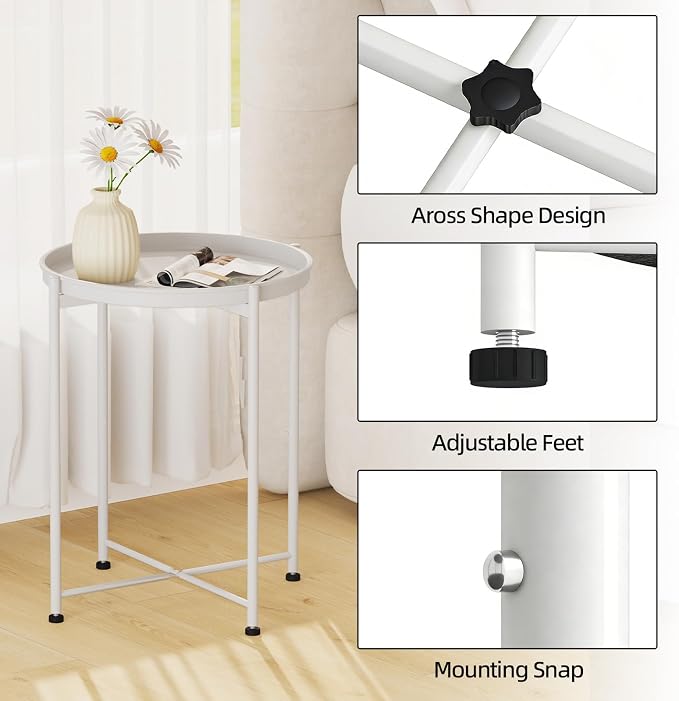 Garden 4 you Small Side Table, White Mini Round End Table, Tray Table with Metal Frame, Modern Nightstand for Living Room, Bedroom, Patio, Small Space, 1PCS