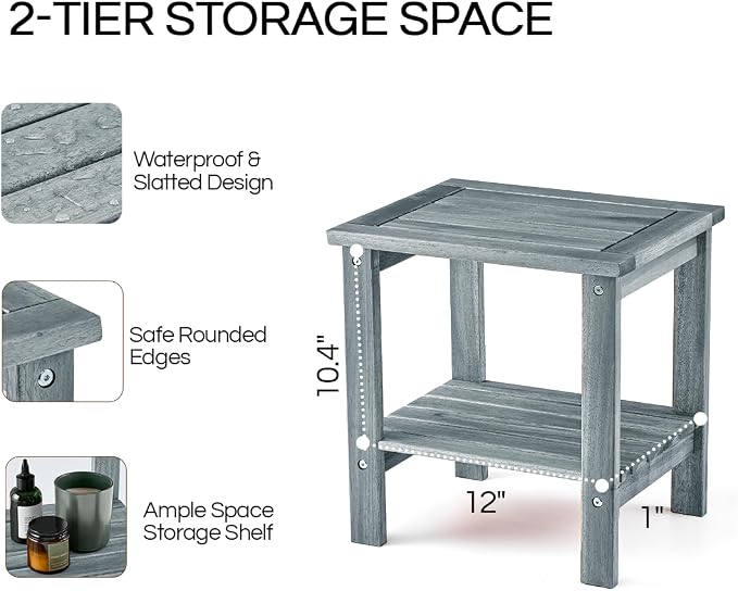 THYOI Premium Acacia Wood Outdoor Side Table, Adirondack Square Patio End Table with 2-Tier Storage Shelf, Weather-Resistant Small Table for Porch, Garden, Backyard, Poolside (Grey)