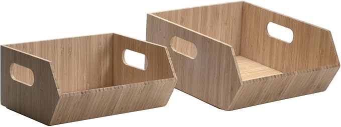 MobileVision XL Bamboo Storage Bins for Bathroom Cabinet Organizer, 2 PIece Stackable Set, Holds Toilet Paper, Wipes, Magazines, Cleaning Supplies, and more