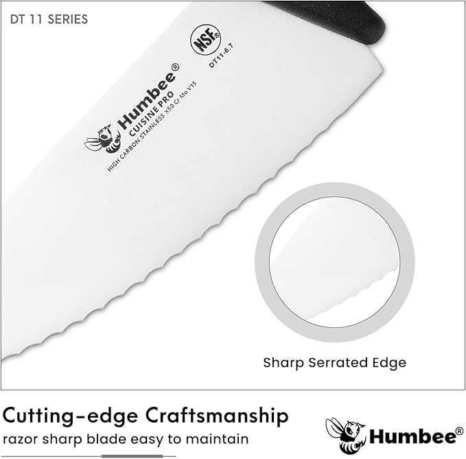 Professional Chef Knife with Ergonomic Handle – NSF Certified Stainless Steel Kitchen Knife, Serrated Wave Teeth, Durable and Sharp Blade, DT 11 Series, Black