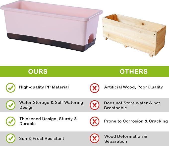 Oliz Window Box Planter 8 Pcs, 17 Inches Rectangle Flower Pots with Drainage Holes & Trays, Vegetable Planters for Windowsill Patio Garden Balcony Home Indoor Outdoor (Pink, 16 * 7 * 6 inch)