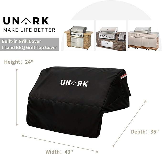 Built in Grill Cover for Outdoor Grill, Heavy Duty Waterproof BBQ Cover with Plush Lining, UV Resistant Island BBQ Grill Top Cover, Fits Up to 43" W x 35" D x 24" H Inches, Black