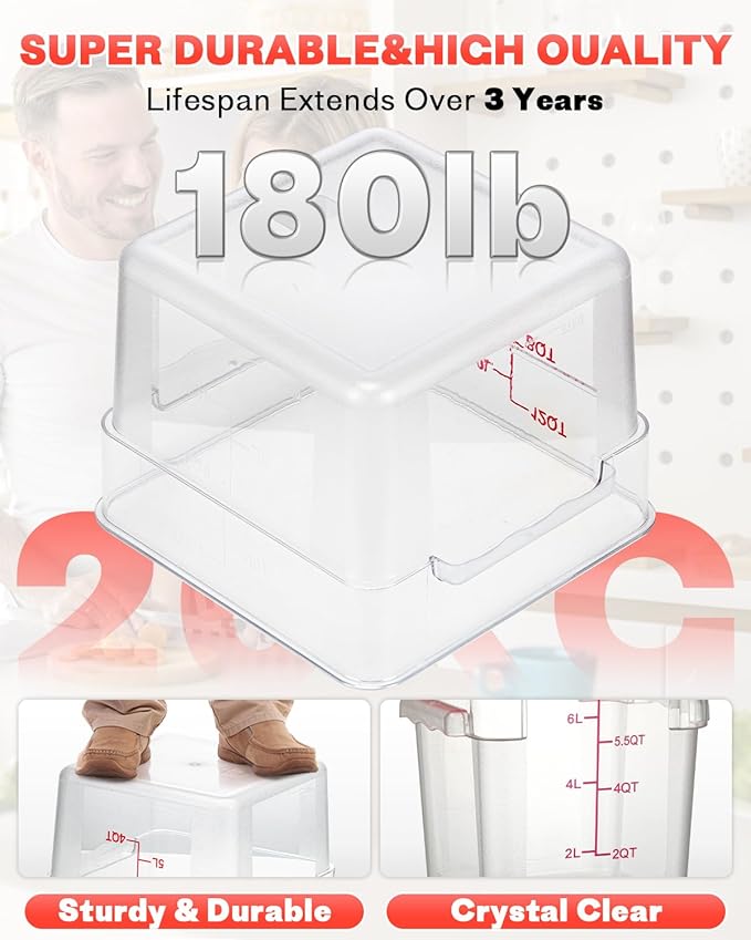 2QT NSF Food Storage Containers: 6 PCS [Food Grade][Hot&Cold Resistant] Commercial Clear Square Food Storage Containers with Scales Handles for Home Restaurant Kitchen Proof Dough(BPA FREE)