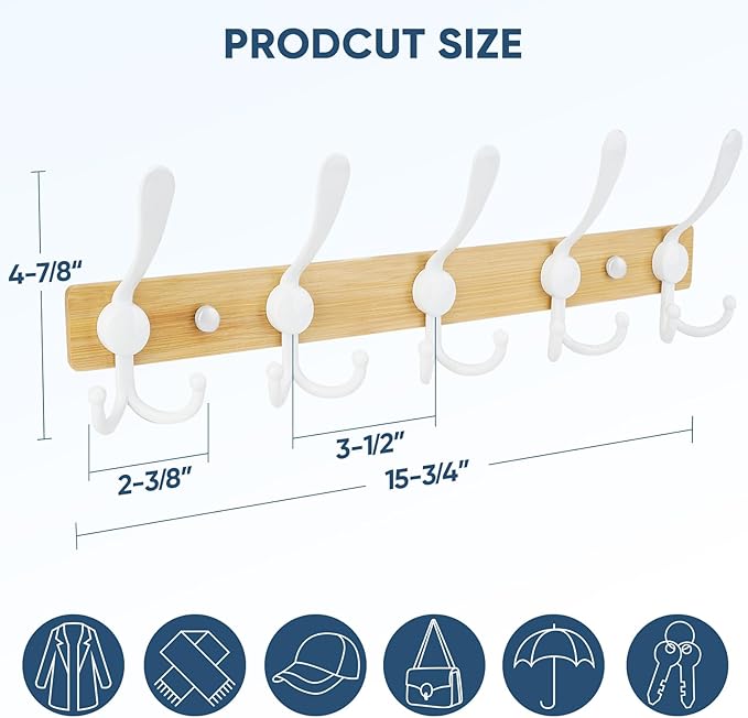 TICONN Wall Mounted Coat Rack, Five Heavy Duty Tri Hooks All Metal Construction