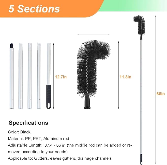 Gutter Cleaner Tools From Ground For Rooftops Wet Leaves, Gutter Cleaning Tools with 3 Brush Heads, Gutter Brush with Telescoping Handle to Unclog Downspouts(5.5ft)