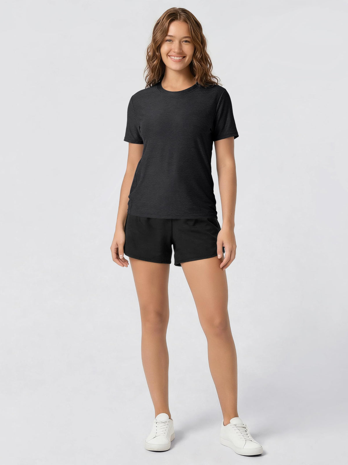 ODODOS Women's Performance Tee Ultra Soft odSTRATUM Tech Short Sleeve Relaxed Top Crew Neck T-Shirts, Black Heather, X-Large