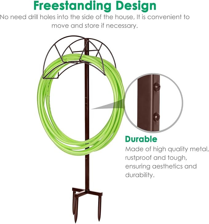 TomCare Garden Hose Holder Detachable Metal Water Hose Holder Hose Hanger Heavy Duty Free Standing Hose Storage Stand for Outside, Brown