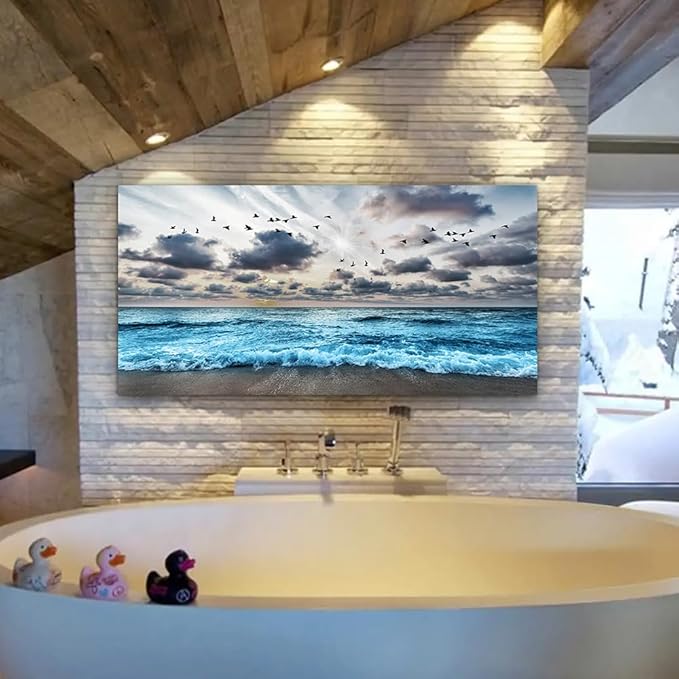 MHARTK66 Black And White Beach Wall Painting - Canvas Wall Art For Living Room, Bedroom, Office - Blue Sea Wave Pictures - Modern Hotel Room Home Decor - 20x40 In