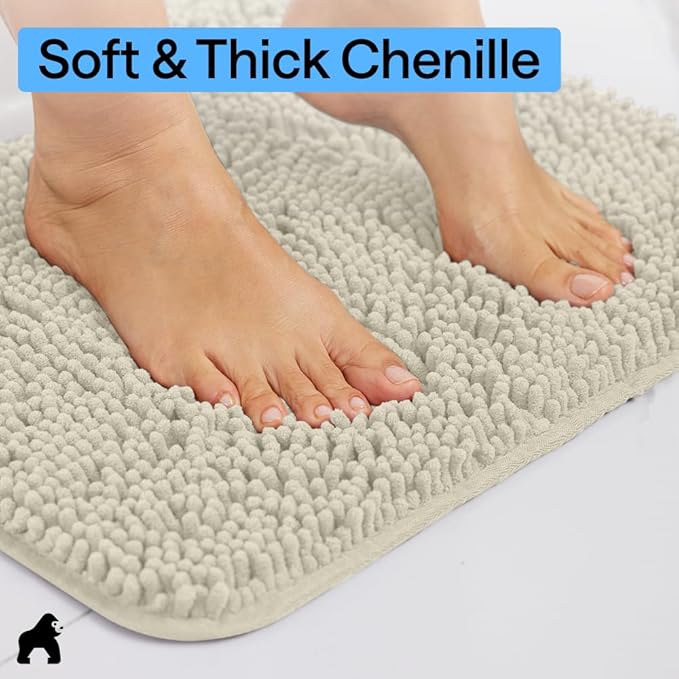 GORILLA GRIP Bath Rug Mat 36x24, Thick Absorbent Chenille, Quick Dry Microfiber Mats, Rubber Backing Washable Shower Floor Rugs, Bathmat Runner, US Designed Bathroom Home Decor Accessories Dusty Cloud