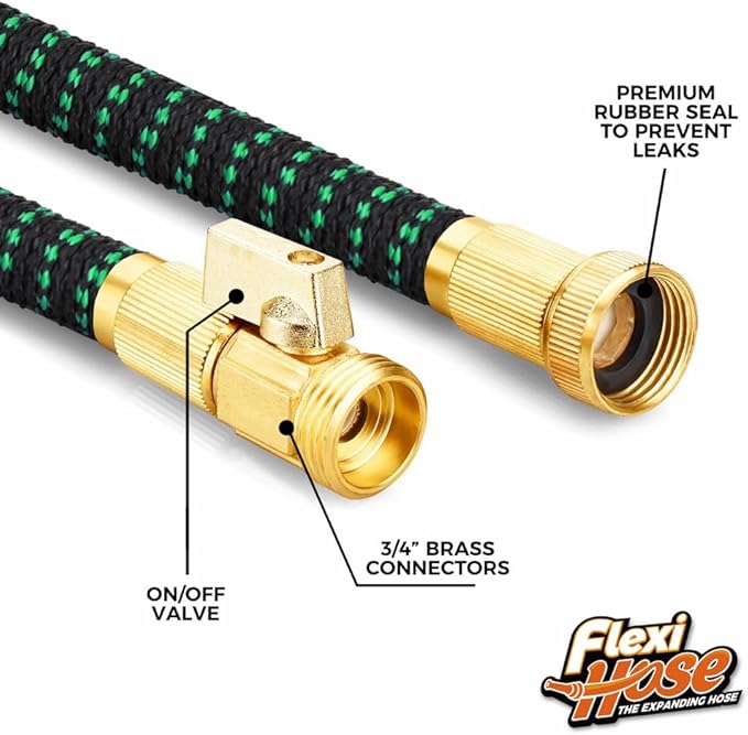 Flexi Hose with 8 Function Nozzle, 25FT - Lightweight Expandable Garden Hose, No-Kink Flexibility, 3/4 Inch Solid Brass Fittings and Double Latex Core - Black and Green