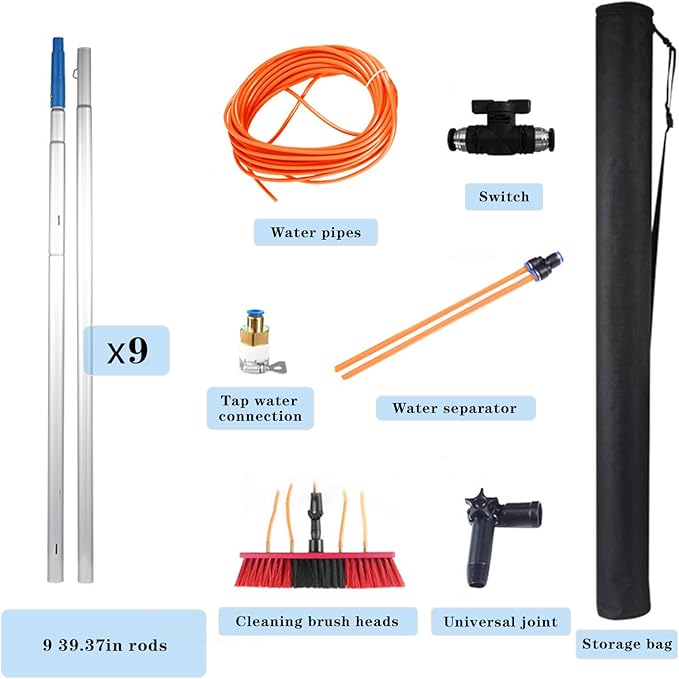 Water Fed Pole Kit Adjustable Solar Panel Cleaning Kit Cleaner Tool for Window Glass Roof Outdoor Glass Brush Window Washing Equipment (30FT)