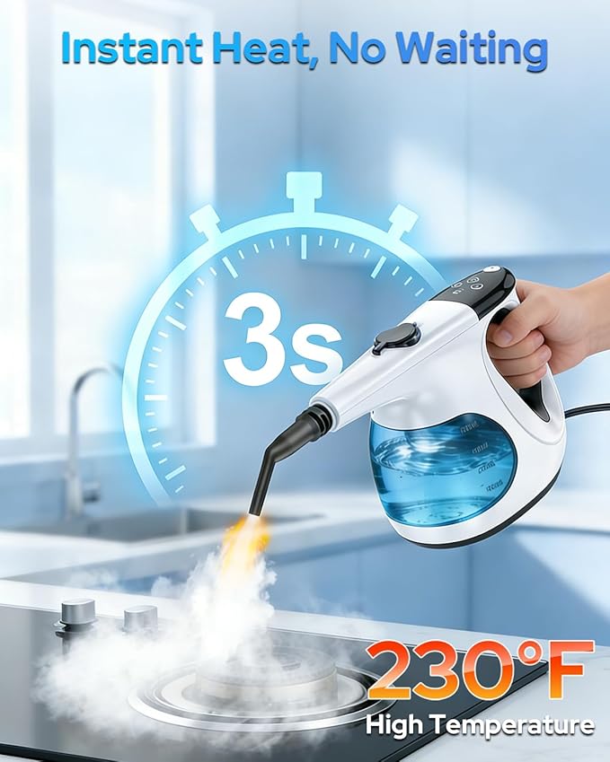 3s Instant handheld steam cleaner for home, High-pressure portable steam cleaner with 3-Level Control & Self-clean & Safety Lock for Furniture Couch Grout Walls Kitchenware Cleaning