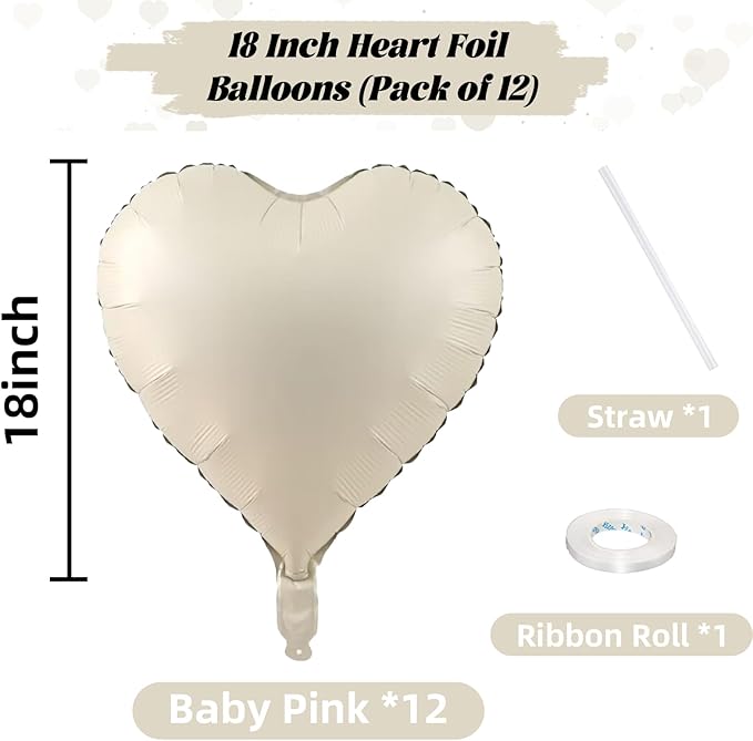 Cream Heart Balloons, 18 Inch Cream Heart Foil Balloons, 12Pcs Boho Beige Heart Shape Foil Balloon, Cream White Helium Foil Balloon Party Decoration for Boho Wedding Girls Women Birthday Baby Shower