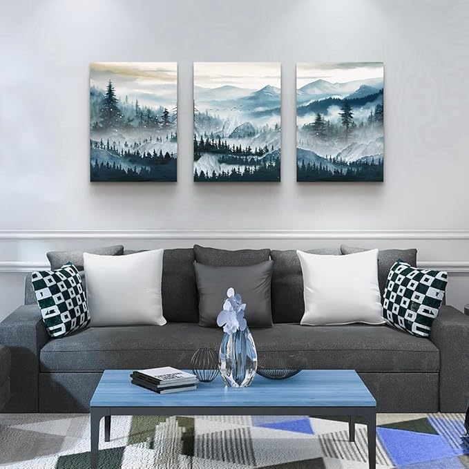 MHARTK66 Canvas Wall Art For Living Room Framed Wall Decor For Bedroom Office Decoration Fog Mountain Forest Posters Landscape Wall Painting Print Pictures Artworks Ready to Hang Home Decor 3 Piece