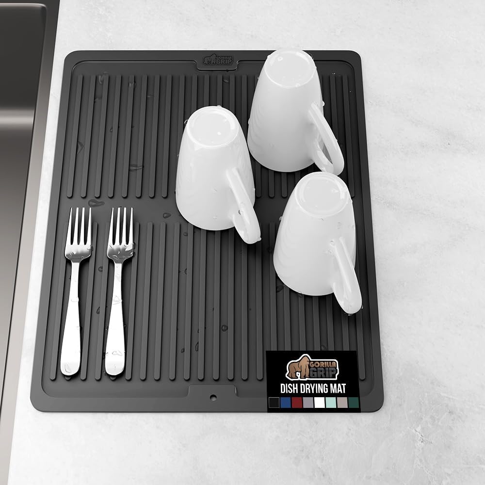 GORILLA GRIP 100% BPA-Free Patented Silicone Dish Drying Mat for Kitchen Counter, Water Catching Ribbed Design, Easy Clean Waterproof Sink Liner, Heat Resistant, Fits Under Rack, 16x12 Inch, Black