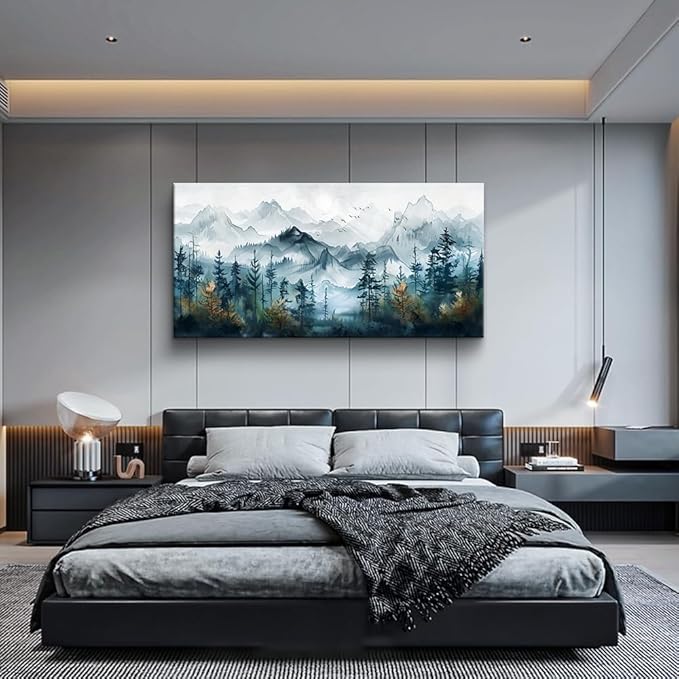 FUHAIHUA Large Wall Decor For Living Room Canvas Wall Art For Bedroom Office Decorations Hotel Room Mural Misty Forests Trees Wall Pictures Artwork Ink Landscape Painting Modern Home Decor 24x48 In