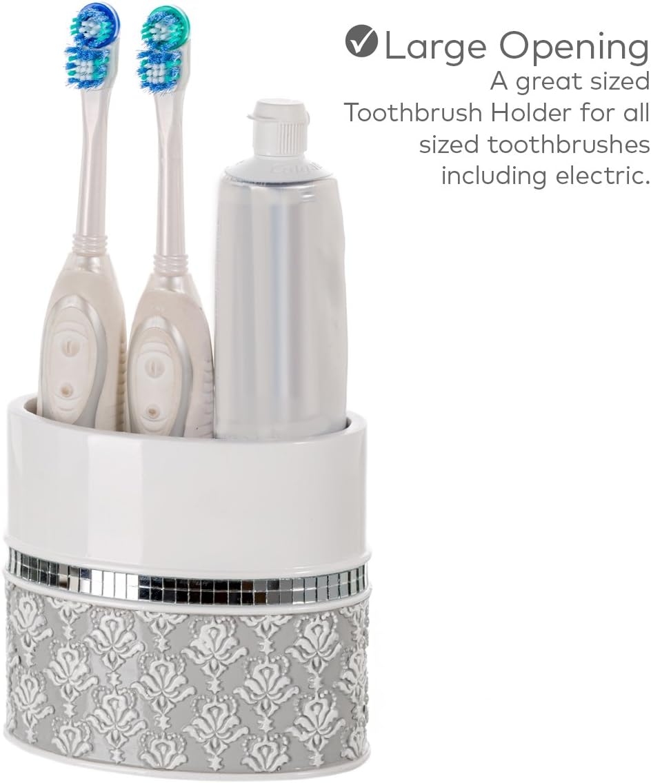 Creative Scents Mirror Damask Bathroom Accessory Set Complete - Decorative 4 Piece White and Gray Bathroom Set Includes: Soap Dispenser, Soap Dish, Toothbrush Holder and Tumbler