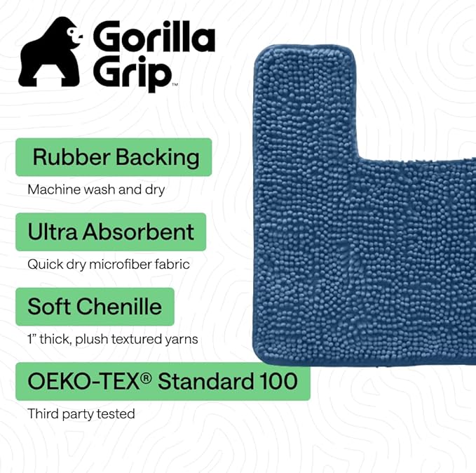 GORILLA GRIP Bathroom Rug Sets, Soft Chenille 2 Piece Area Rugs Set, Toilet Base Mat and 30x20 Carpet, Absorbent Microfiber Washable Mats Dry Quickly, Home Décor and Bath Room Accessories, Blue