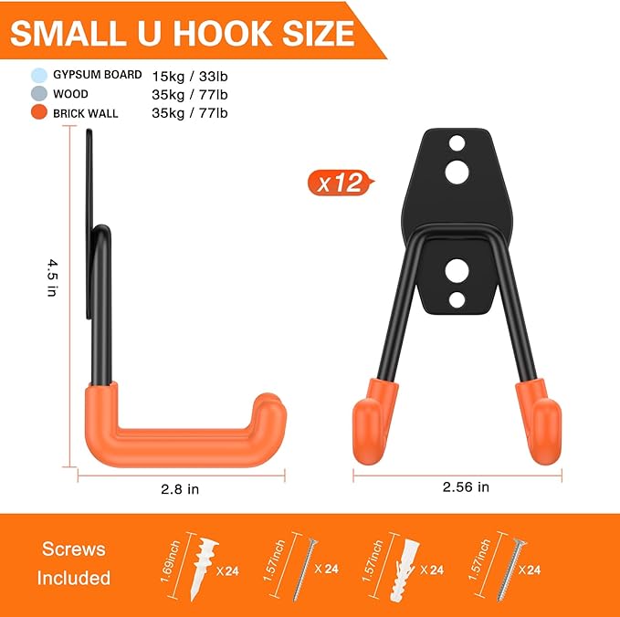 HUPBIPY Heavy Duty Garage Hooks 12 Pack, 2.8 inch Small U Shaped Hanger, Wall Mounted Storage System, Power and Garden Tool Organizer, for Hanging Ladders, Hose, Bulk Items and More