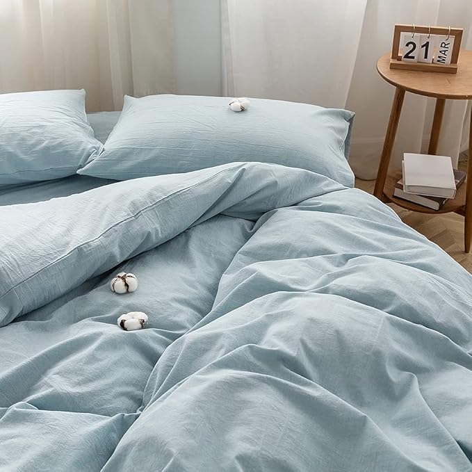 FACE TWO FACE Bedding Duvet Cover Set 3 Pieces 100% Washed Cotton Duvet Cover Linen Like Textured Breathable Durable Soft Comfy (California King, Light Blue)