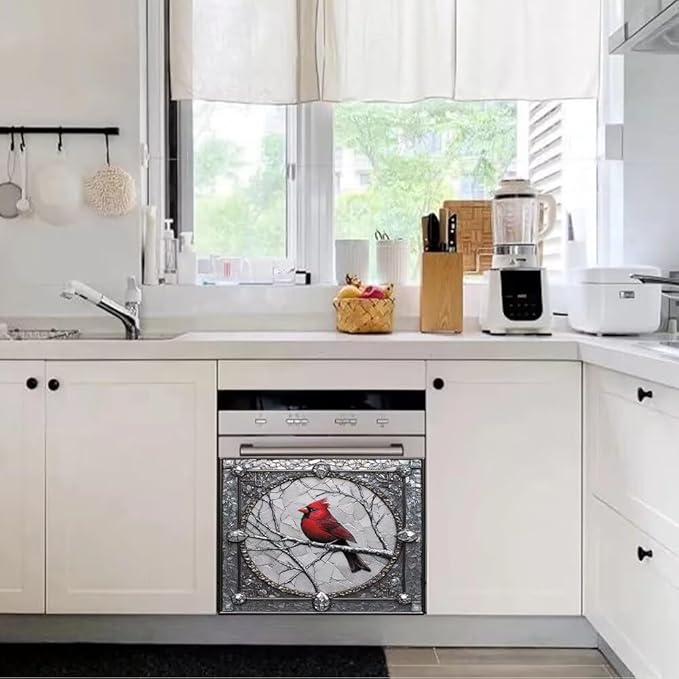 Cardinal Magnet Dishwasher Door Cover Retro Silver Gray Vinyl Panel Decal, Refrigerator Magnetic Skins Cover Reusable Dishwasher Sticker, 23" x 17" Magnetic