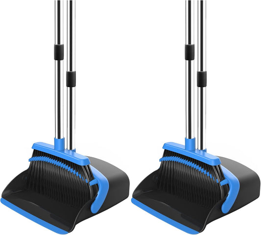 NACENA Broom and Dustpan Set, 52-in Long Adjustable Handle Broom Dustpan Combo with Dustpan Teeth to Automatically Clean Hair Suitable for Home Kitchen Office Hall Floor (Black&Blue), 2 Pack