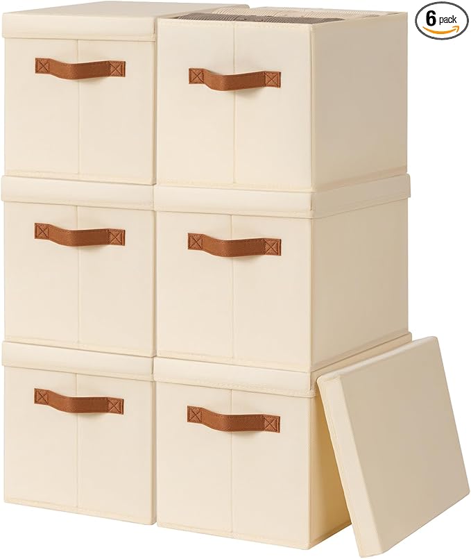 Storage Bins with Lids - Fabric Storage Baskets for Shelves, 6 Pack Foldable Decorative Boxes with Handles, Stackable Organizer Bins for Home, Nursery, Dorm, Beige