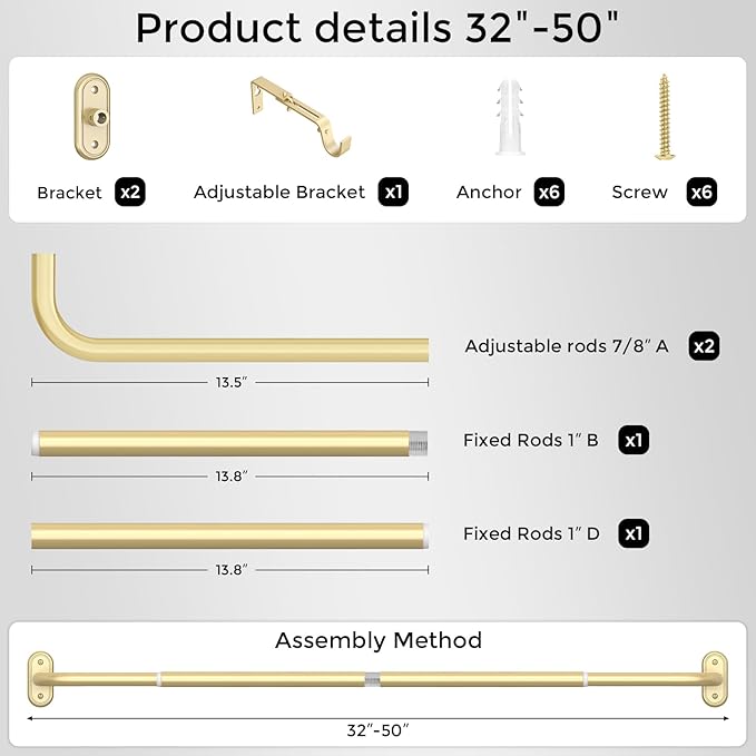 Curtain Rods 32-46 Inch, 1 Inch Adjustable Heavy Duty Room Darkening Window