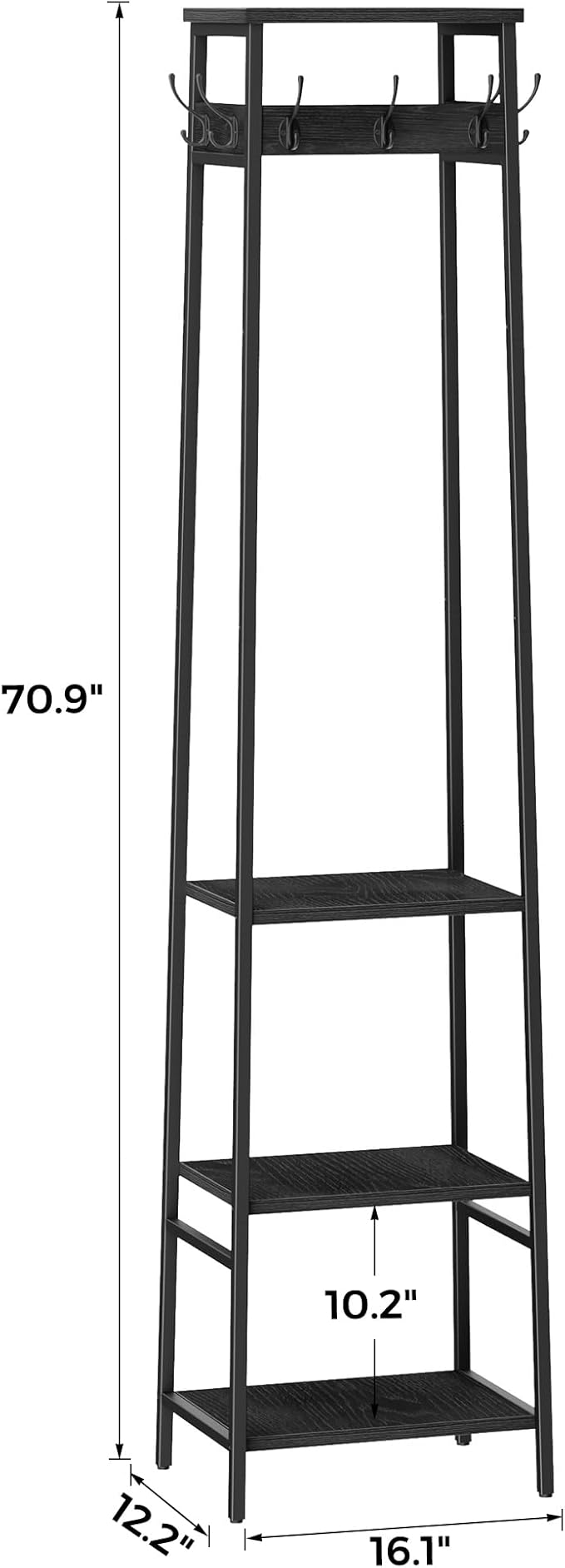 Coat Rack Freestanding, Coat Stand with 3 Shelves and 7 Hooks, Hall Tree Free Standing, Clothes Rack Stand Organizer for Bedroom, Hallway, Entryway, Living Room, Industrial Style, Black