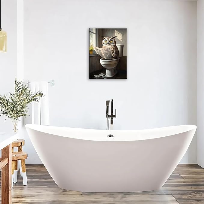 Owl Bathroom Wall Art, Funny Owl Toilet Pictures Wall Decor, Bird Canvas Prints, Animal Painting, Framed Artwork for Bathroom Living Room Bedroom Office Dining Room 20"X16"