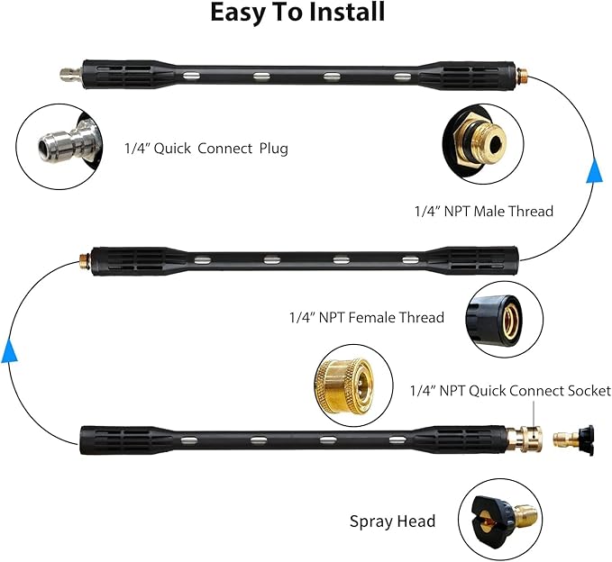 YUET Pressure Washer Extension Wand - 9 Pack Gutter Cleaning Tools Extension Wand with 6 Spray Nozzle Tips, Power Washer Replacement Lance, 1/4" Quick Connect, Anti-Leaked Ring Replacement, 4000PSI