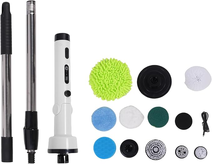 ZJchao Electric Scrubber for Cleaning, Bathroom Cleaning Supplies, Water Proof Cordless with 9pcs Brush Heads and Telescopic Handle for Floors, Bathroom, Kitchen (White)