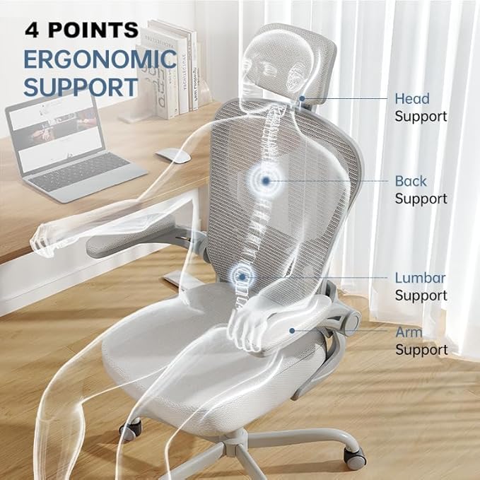 Synorla Office Chair Ergonomic Desk Chair, 330LBS Capacity, High Back Computer Design for Long Hours Comfort, Rolling Swivel Executive Task for Home Office with Flip-up Armrests（Grey）