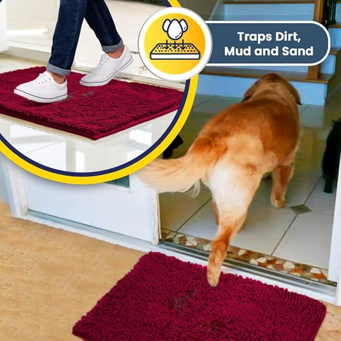 Muddy Mat® | Super Water Absorbent Door Mat Indoor, Microfiber Quick Dry Chenille Entryway Rug, Slip Resistant Front Door Mat, Indoor Mats for Entryway, Machine Washable Pet Rug, Maroon 36" x 120"