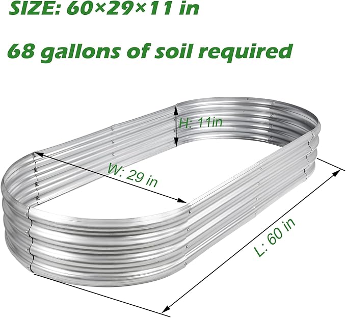 Rakukiri Raised Garden Bed GRS Certified Galvanized Planter Box Outdoor, 5ft Oval Rot-Resistant Metal Garden Bed Planter, Recycled Material Planter for Vegetables Flowers Herbs (Silver)