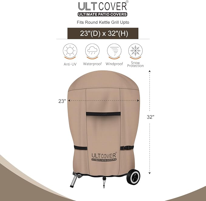ULTCOVER Outdoor Waterproof Charcoal Kettle Grill Cover for Most 18 inch Round Smoker Size Up to 23” Dia x 32” H