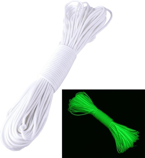 550 Paracord Survival Rope - Luminous 9 Strand Portable Parachute Cord, 25ft/50ft/100ft Options (White)