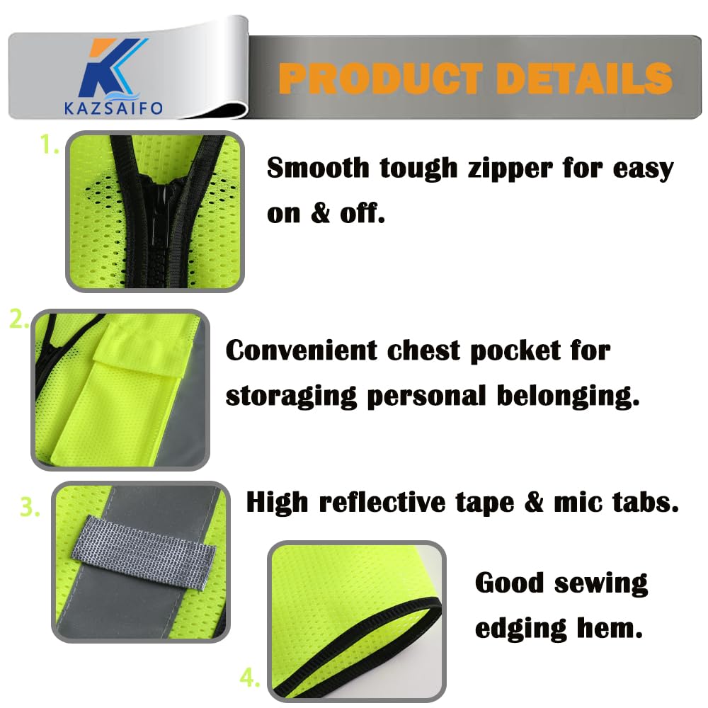 Kazsaifo Hi Vis Reflective Safety Vest for Men Women with Chest Pocket Mesh High Visibility Class 2 Construction Vest,Meets ANSI/ISEA Standard(KZ179-Yellow-L)