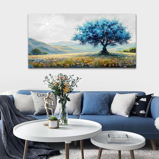 FUHAIHUA Large Wall Decor For Living Room Canvas Wall Art For Office Modern Wall Decorations For Bedroom Pastoral Landscape Painting Blue Tree Pictures Artwork Room Aesthetic Home Decor 24x48 In