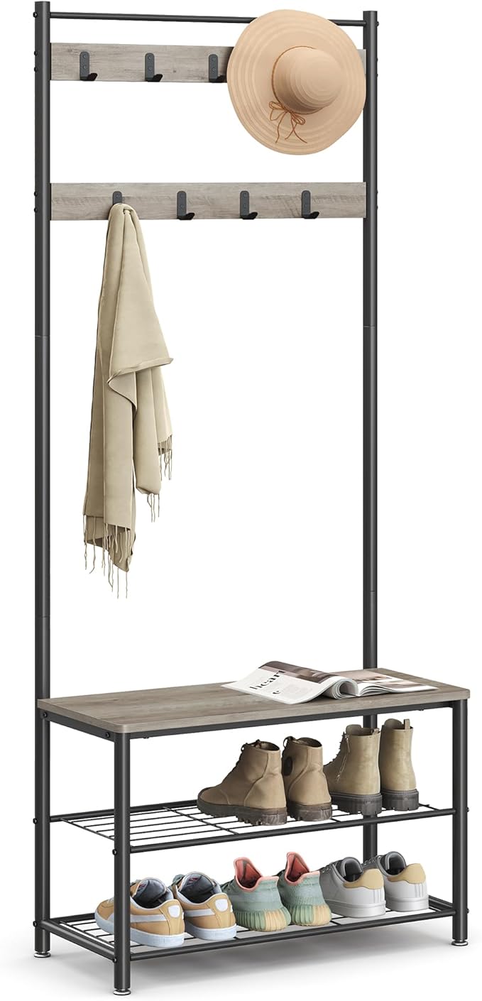 VASAGLE Coat Rack, Hall Tree with Shoe Storage Bench, Entryway Bench with Shoe Storage, 3-in-1, Steel Frame, for Entryway, 12.6 x 27.6 x 68.9 Inches, Industrial, Greige and Black UHSR41MB