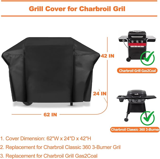 Grill Cover Designed for Charbroil Classic 360 3-Burner & Charbroil Grill Gas2Coal, 600D Heavy Duty Waterproof Cover for Outdoor Grill