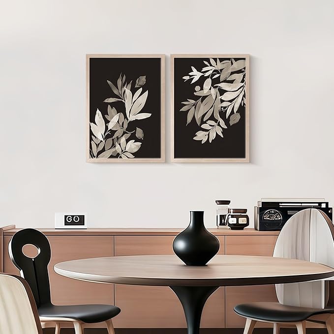 Framed Vintage Canvas Wall Art Botanical Leaves Poster Picture Countryside Painting Nature Landscape Modern Home Print Living Room Gallery Office Ready to Hang 12x16 inches x2