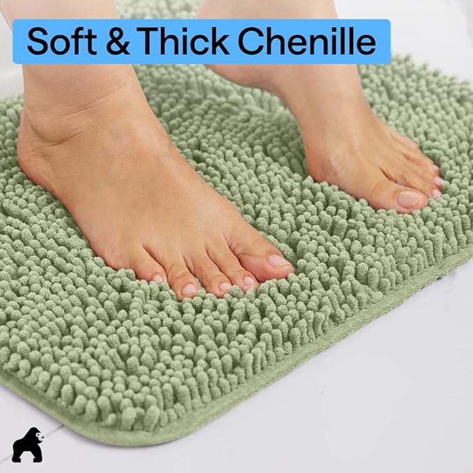 GORILLA GRIP Plush Absorbent Shaggy Chenille Bath Rug Mat for Square Toilet Base with Rubber Backing, Machine Washable Rugs, Soft Microfiber Contour Mats for Toilets, Bathroom Decor, Sage