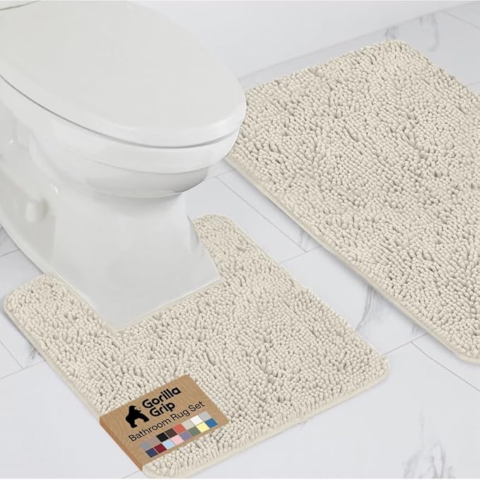 GORILLA GRIP Bathroom Rug Sets, Soft Chenille 2 Piece Area Rugs Set, Toilet Base Mat and 30x20 Carpet, Absorbent Microfiber Washable Mats Dry Quickly, Home Décor and Bath Room Accessories, Ivory
