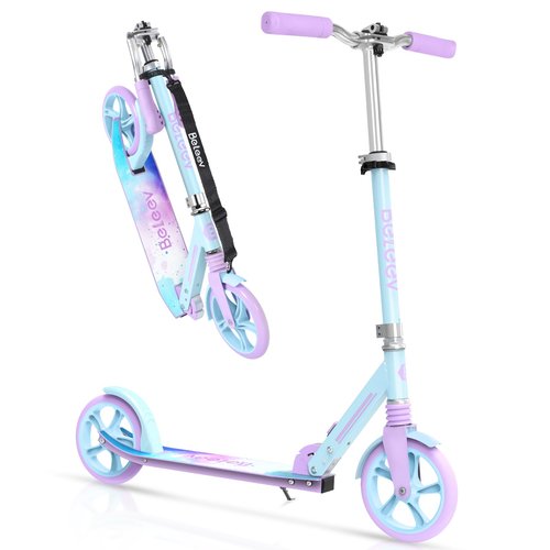 BELEEV V5 Scooters for Kids 6 Years and up, Folding Kick Scooter 2 Wheel for Adults Teens, 4 Adjustable Handlebar, 230mm Big Wheels, Lightweight Sports Commuter Scooter, up to 220lbs(Blue Purple)