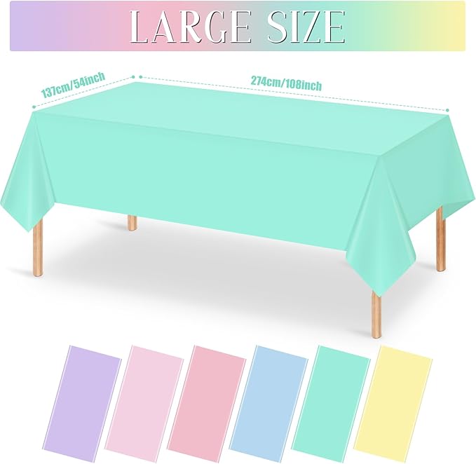 MASHAN 24Pcs Pastel Tablecloths,Plastic Mix Color Tablecloth Disposable Rectangle Table Covers for Baby Shower, Wedding,Girls Birthday Party and Ice Cream Party Decoration,6Color, 54 x 108 Inch